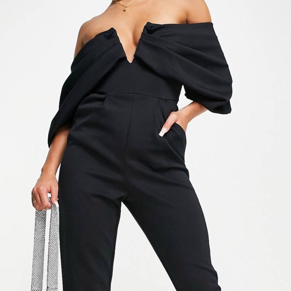 Asos design -scuba off the shoulder V bar slim leg jumpsuit- NEVER worn